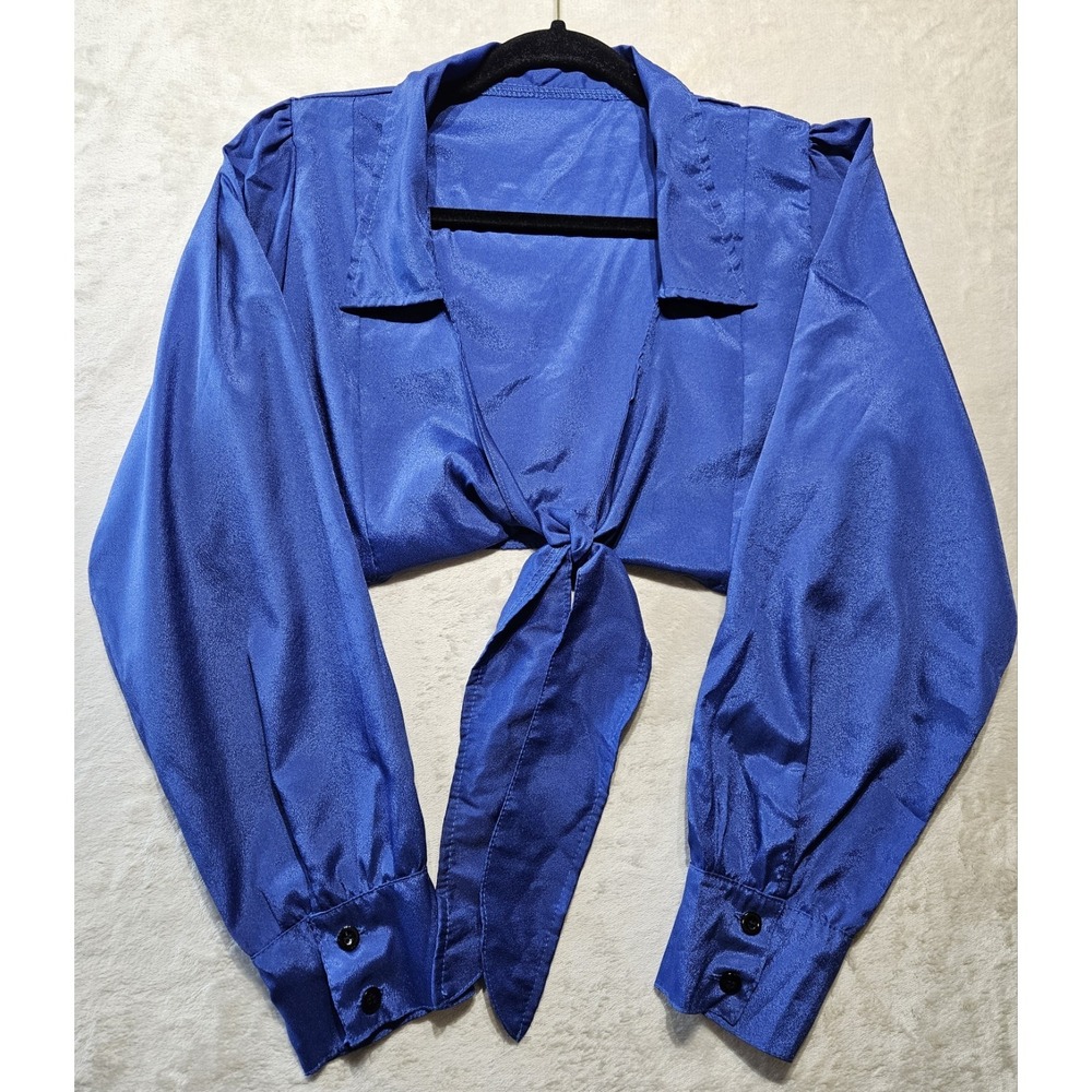 Royal Blue Satin Tie Front Crop Blouse S/M Womens Puff Sleeve Y2K Party‎ Top